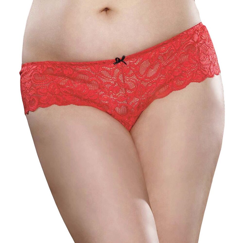 Stretch Lace Boyshort with Bows Womens Plus Size 3x4x Ruby Red Crotchless Panty